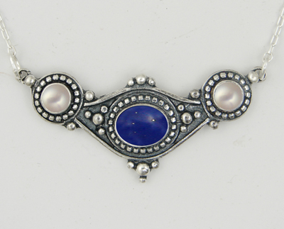 Sterling Silver Necklace With Lapis Lazuli And Cultured Freshwater Pearl Sterling Silver Necklace With Lapis Lazuli And Cultured Freshwater Pearl